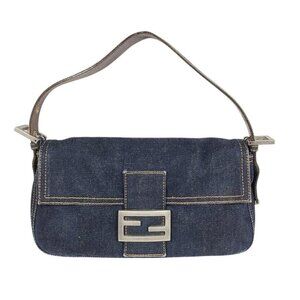 Authentic FENDI Mamma Zucca Bucket Baguette Shoulder Flap Bag Denim Purse Tote